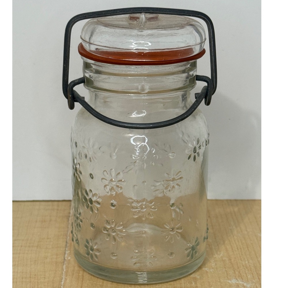 Wheaton NJ Vintage Glass Daisy Embossed Canister Wire Bale Lid Clear Jar 5 inch